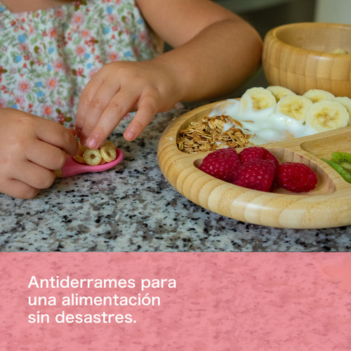 Plato Y Cubierto Para Bebé De Bambú Ecowood Antiderrapante Color Rosa Liso
