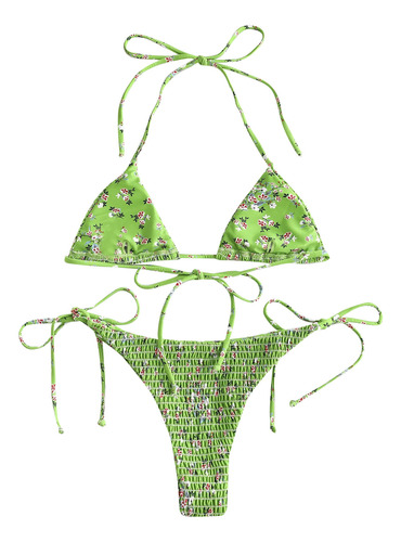 Bikini De Hilo Fruncido Con Estampado Floral Y Animal Para M