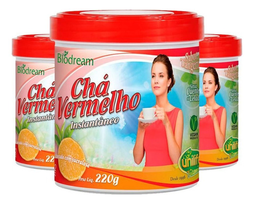 Kit 3 Chá Vermelho Solúvel 220g Sabor Tangerina Unilife