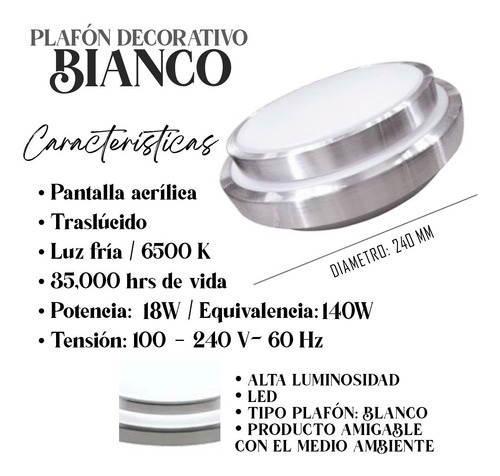 Imagen 2 de 7 de Plafón Led Decorativo Sobreponer Bianco Luz Fría 18w Adir