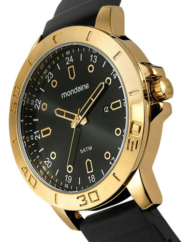 Relógio De Pulso Mondaine Com Corria De Silicone Cor Preto - Bisel Dourado
