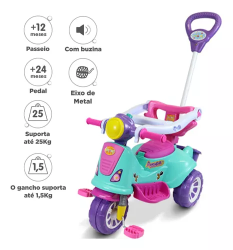 Triciclo Infantil com Empurrador Bandeirante Velobaby Azul 206