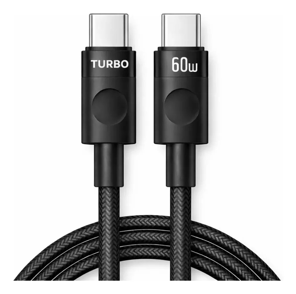 Cabo Carregador Usb-c Tipo C Turbo 60w Carga Rápida Nylon Trançado Premium 1M Reforçado Resistente Compatível Samsung Xiaomi Motorola iPhone 15 16 17 Notebook Tablet Transferência