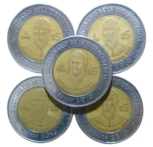 moneda de 5 pesos bicentenario de la independencia 2010 francisco xavier mina