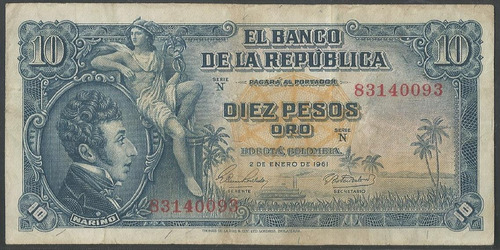 Colombia, 10 Pesos 2 Ene 1961 Bgw176