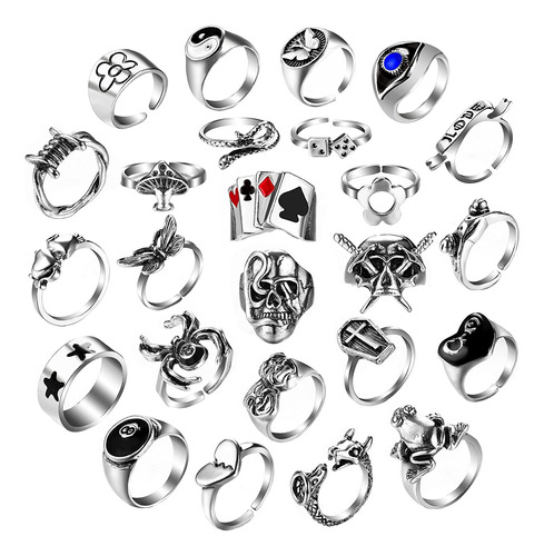 Thunaraz Juego De 25 Anillos Vintage Góticos Punk De Plata P