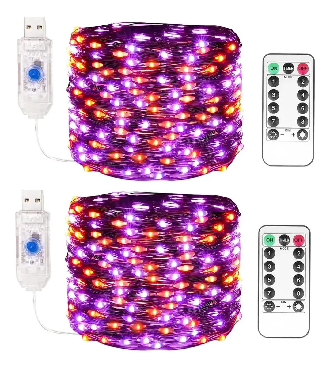 2piezas Serie Luces 32 Metros 300 Led Decorativas Dormitorio Morado Y Naranja Halloween Día De Los Muertos Usb Purple Orange