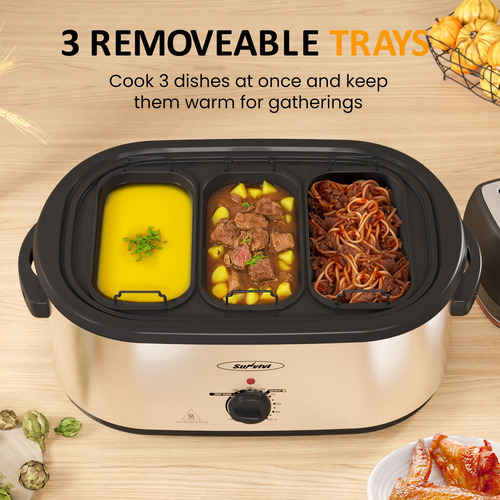 Horno tostador eléctrico Sunvivi de 24 cuartos, 3 compartimentos, control de temperatura de 150 a 450 °F, sartén y rejilla extraíbles, acero inoxidable plateado.