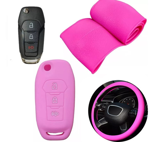 Cubre Volante + Funda Llave Silicona Ford Ka Nuevo - Rosa