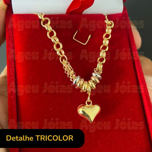 Pulseira Portuguesa Ouro 18k Com Pingente Coração Berloque