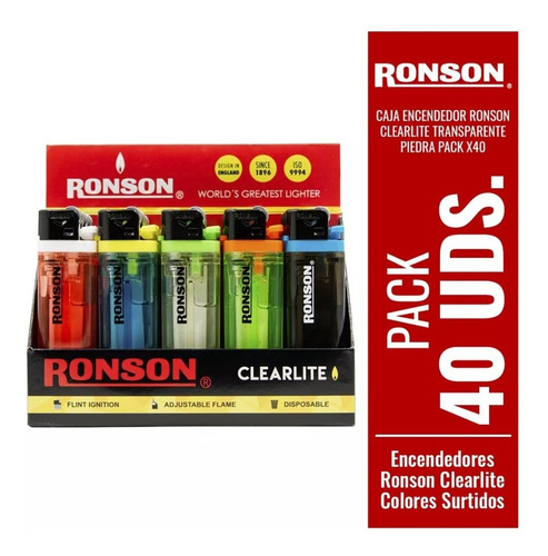 Caja Encendedor Ronson Clearlite Transparente Piedra Packx40