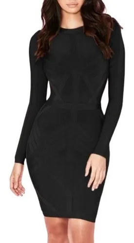 Vestido Bandagem Manga Longa Inverno Preto Liquida o