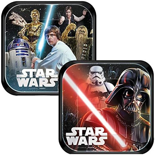 Platos Cuadrados Clásicos Amscan Star Wars, 7, 8 Piezas, Re