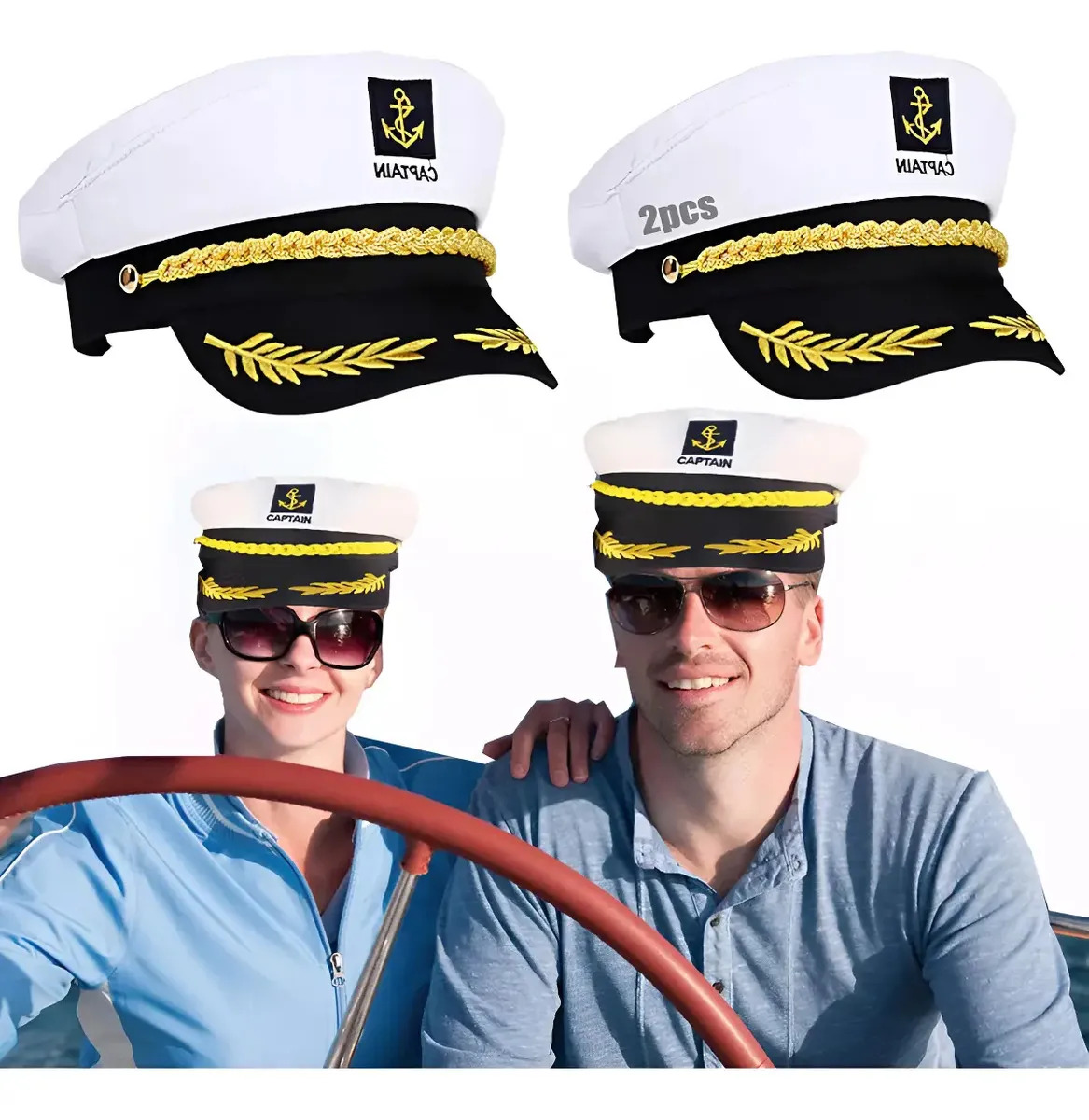 2 Sombrero Ajustable Capitan Marinero Gorro Gorra Yate Blanco P Rayas