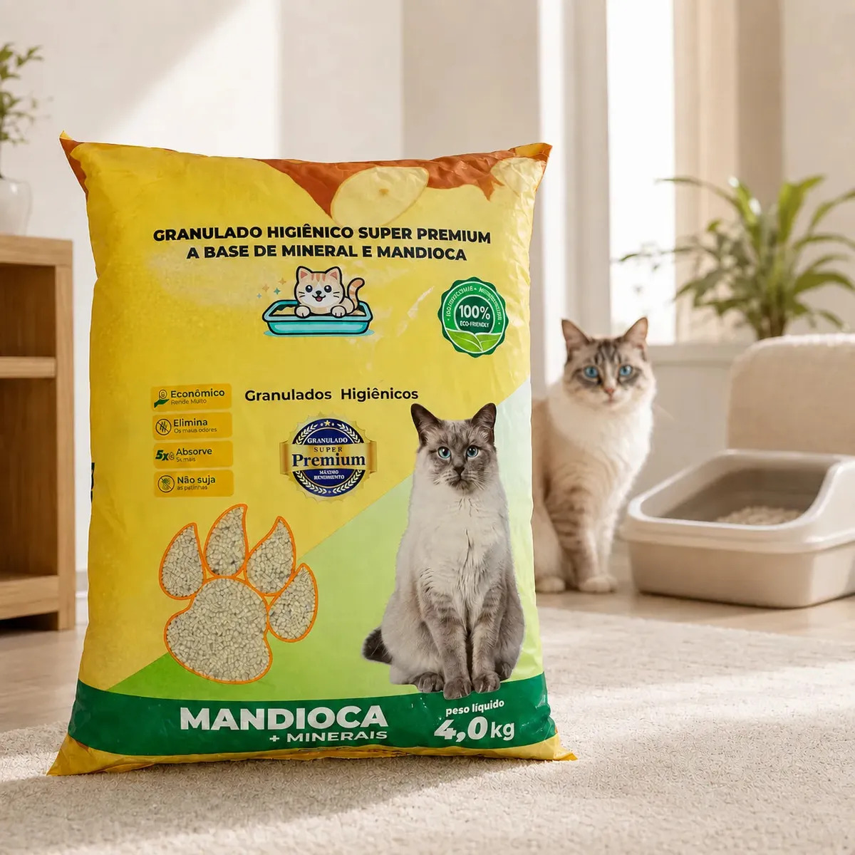 Areia Higiênica Granulado Para Gatos 4kg Mandioca + Minerais Super Premium Controle De Odores Alta Absorção Econômica Biodegradável Não Suja Patinhas Rende Mais Banheiro Sanitário 