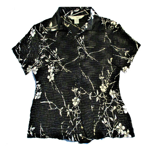 Blusa Negro Blanco -frente De Abotonar -manga Corta -petite