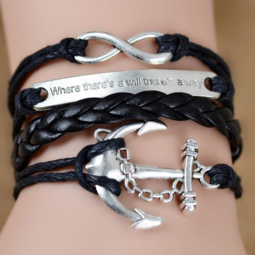 Pulseira Masculina Feminina Ancora Infinito Frase Preta