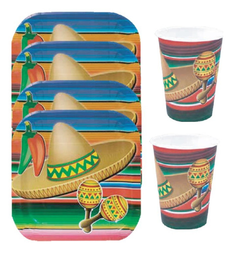 Set 10 Platos Torta + 10 Vasos Desechables Fiesta Mexicana 