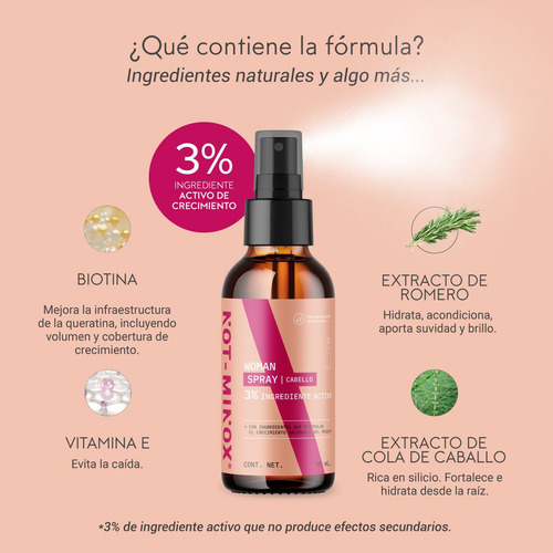 Imagen 3 de 7 de Spray Crecimiento Cabello Mujer Notminox Biotina Vit E