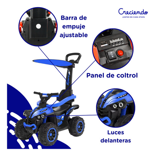 Cuatriciclo A Batería 6v Bluetooth Barra De Empuje Y Música