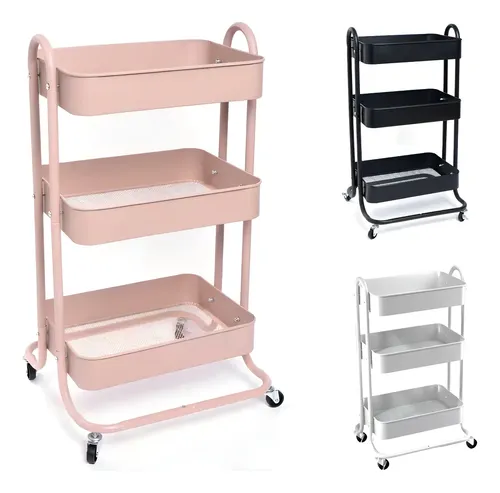 Carrinho Organizador Multiuso 3 Prateleiras Aço Com Rodinha Cor Rosa
