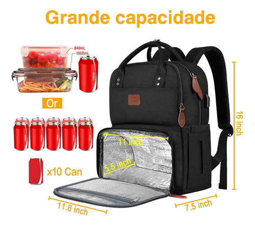 Mochila Térmica com Bolsa Térmica para Almoço Preta de Trabalho Feminina para Notebook de 15,6 Polegadas com Porta USB para Faculdade Praia Acampamento Piqueniques Matein 1162