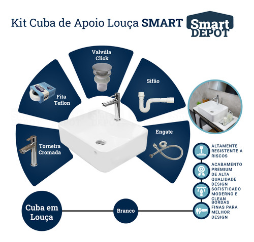 Kit Cuba Smart Louça + Torneira Slim + Válvula Click