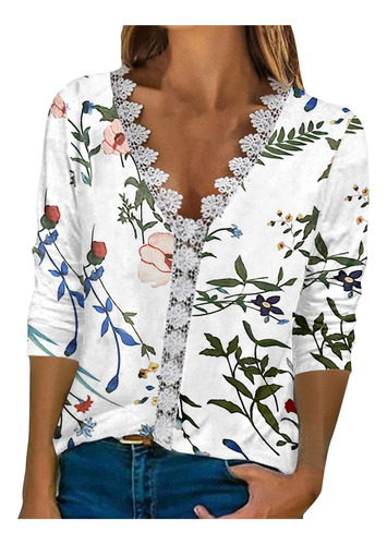 Camiseta Moderna De Encaje Con Estampado Floral Para Mujer R
