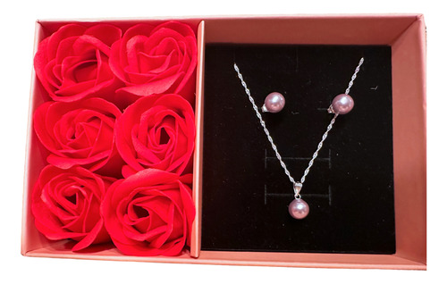 Regalo Mujer Conjunto Collar Aros Plata Perla Día Madre Rosa