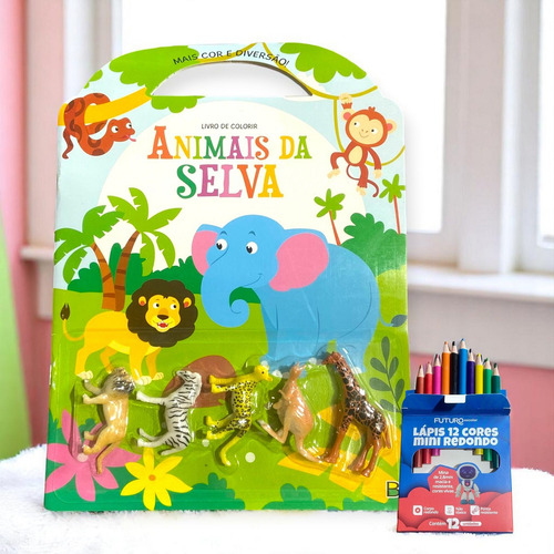 Livro De Colorir Infantil+5 Mini Animais Selva+lápis De Cor