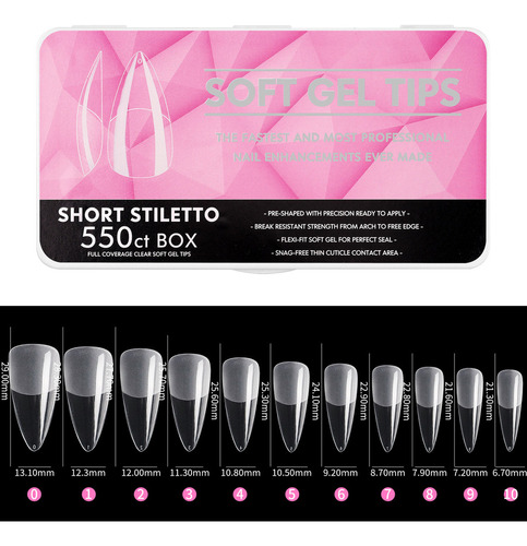Tips Short Stiletto Pre Limado 550 Uni Flexibles Soft Gel
