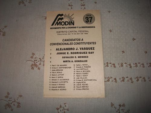 Partido Modin . Boleta Electoral Del 10/4/1994 .