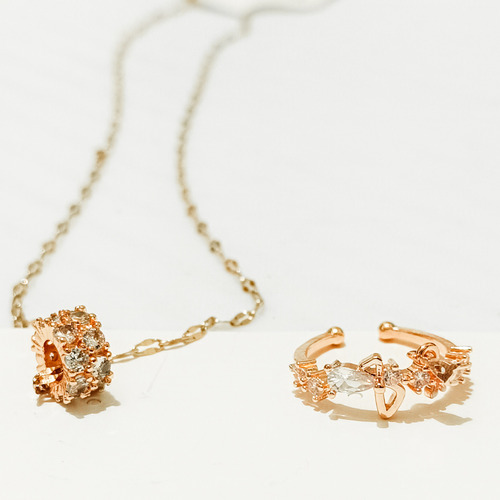 Conjunto Gold-pink, Cadena Y Anillo. Acero Inoxidable. 