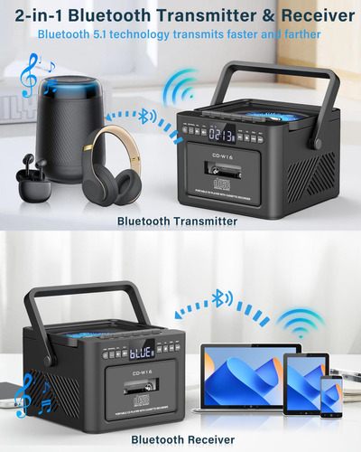 Leitor De Cd Boombox Gradio Recarregável Com Cassete Bluetoo