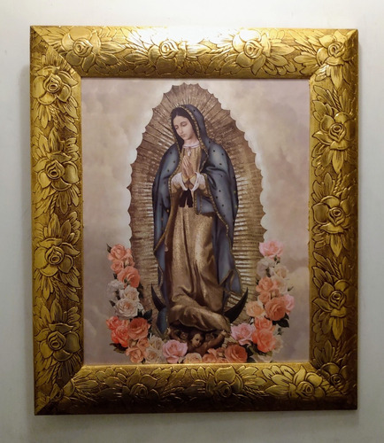 Virgen De Guadalupe Chapa De Oro Marco De Madera.