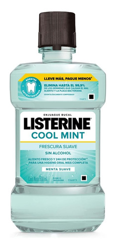 Listerine Zero Alcohol Menta Suave Enjuague Bucal 500ml