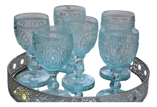 Set 6 Copas P/agua Turquesa Celeste De Vidrio 16.7x8.8cm