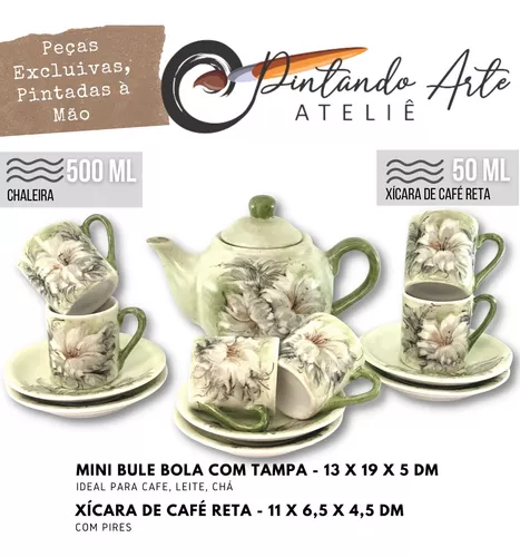 Jogo de 6 Xícaras de Café Reta 50 ml com Bule Chaleira Porcelana