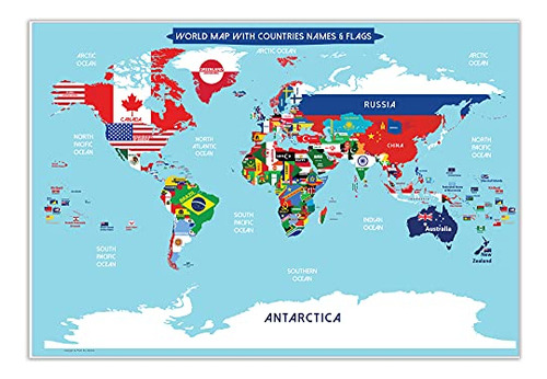 Póster Del Mapa Mundial Con Banderas De Países Para Niños