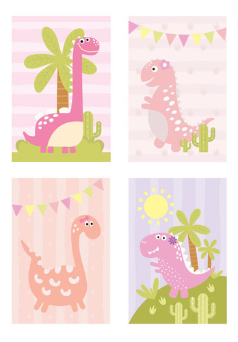 Placa Decorativa Dinossauro Baby Menina Kit 4un 20x30cm