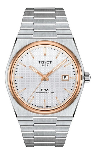 Reloj de pulsera Tissot T-Classic PRX powermatic 80 de cuerpo color plata, analógico, para hombre, fondo plata, con correa de acero inoxidable color plata, agujas color oro rosa y blanco, dial oro rosa, minutero/segundero negro, bisel color oro rosa y mariposa