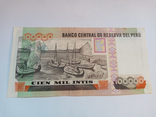 Imagen 2 de 2 de Billete De 100000 Intis 1988 Franja Platino Nuevo Unc