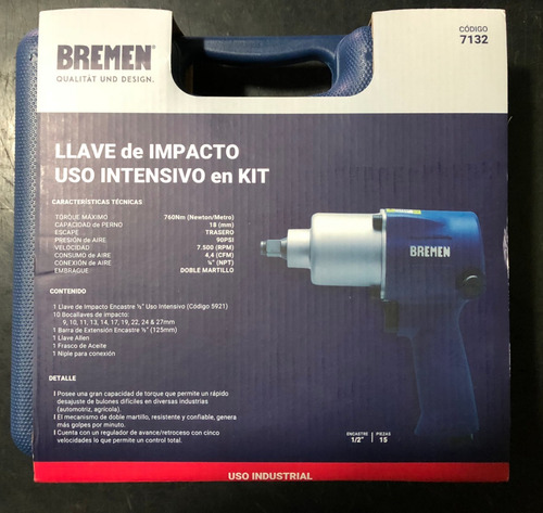 Imagen 6 de 9 de Llave Pistola Impacto Neumatica Bremen 1/2 760nm Kit Industrial Doble Martillo Cod. 7132 Dgm