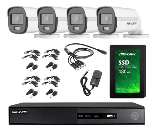 Imagen 1 de 10 de Kit Seguridad Hikvision Dvr 4ch + 4 Camara 2mp Colorvu +disc