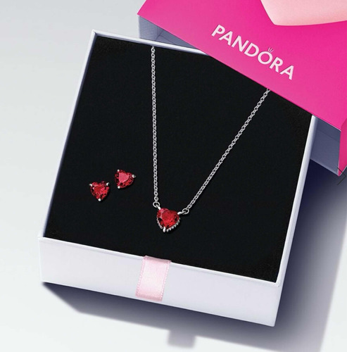 Pandora Set Corazón Rojo Collar Y Zarcillos