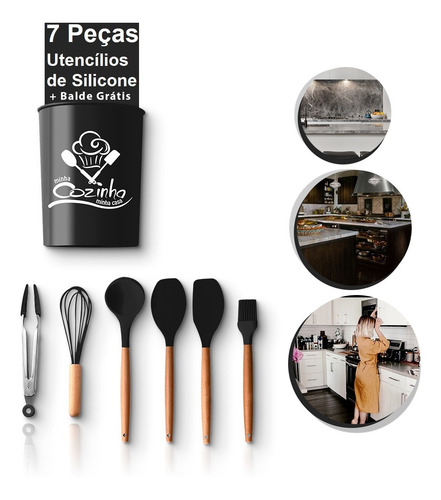 Imagem 4 de 6 de Kit De Utensílios De Silicone 7p Preto Utensilios De Cozinha