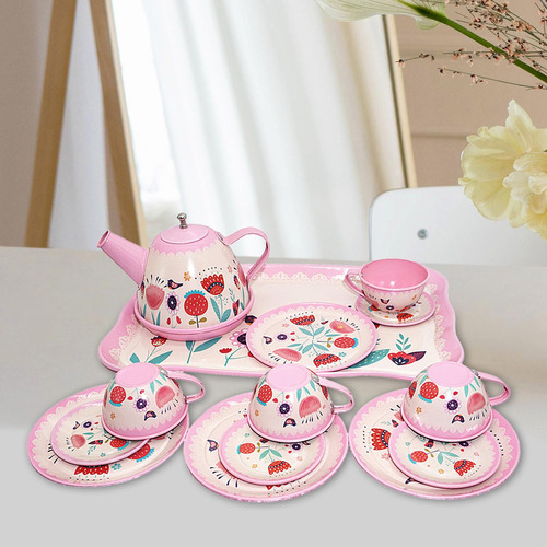 Kids Tea Set Metal Teapot Cups Dishes Afternoon Tea Playset