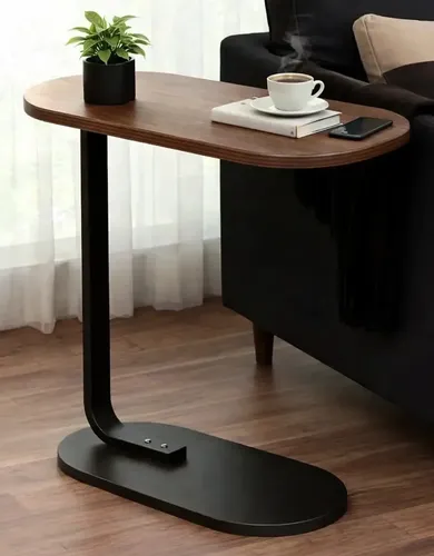 Mesa Lateral Sofá Cama Portátil Madeira Aço Apoio Canto Decorativa Sala Quarto Minimalista Moderna Multiuso Cor Marrom Revolux