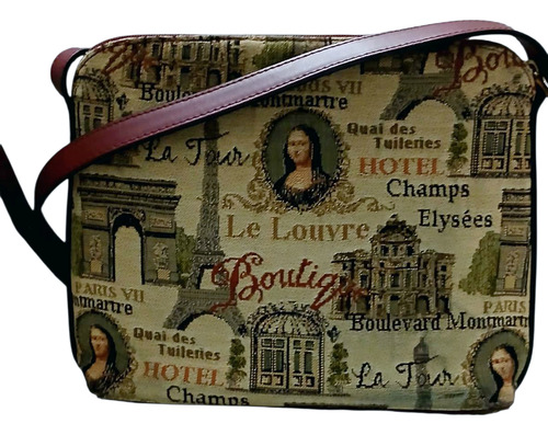 Cartera Bandolera De Gobelino Moda Circular Crema Estampado Níquel Bordó (Usado)