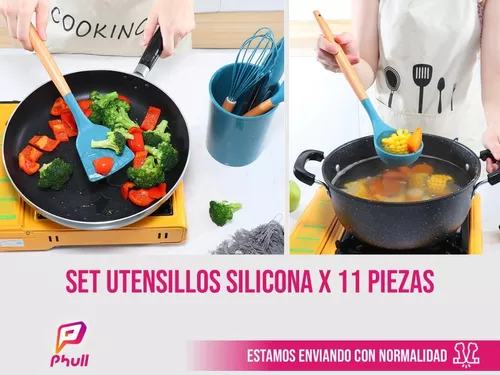 Utensilios Cocina Punta Silicona Set X11 + Porta Utensilios.